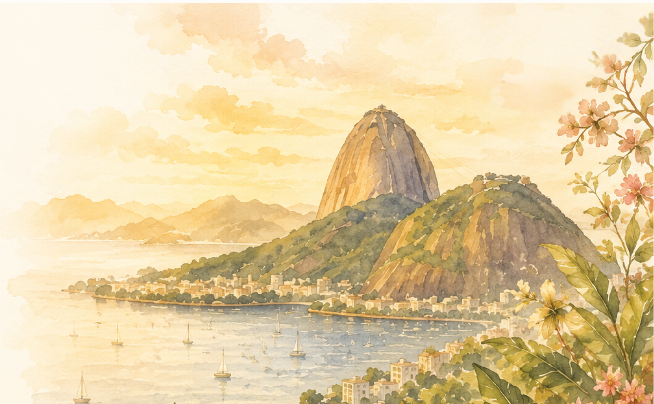 Ilustração da Baía de Guanabara com o Pão de Açúcar